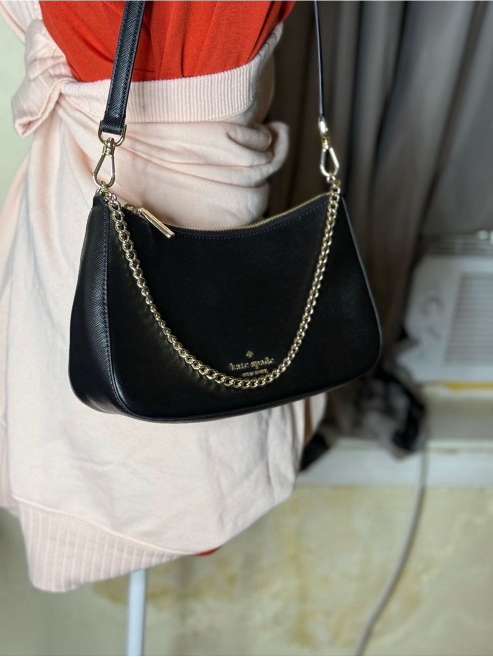 kate spade Black Leather Shoulder Bag with Gold Chain